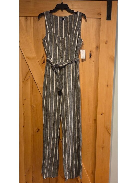 Vylette Pants - New! Vylette Size M Gray Silver Linen Blend Belted Jumpsuit Wide Leg Sleeveless